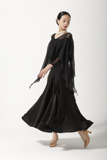 Custom Black Off-The-Shoulder Chiffon Ruffle Ballroom Dance Dress