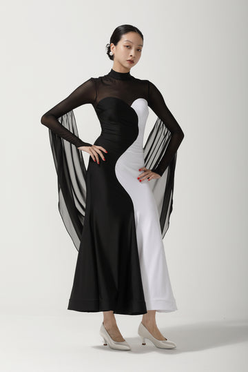Custom Black & White S-Curve Panel Mesh High Neck Ballroom Dance Dress