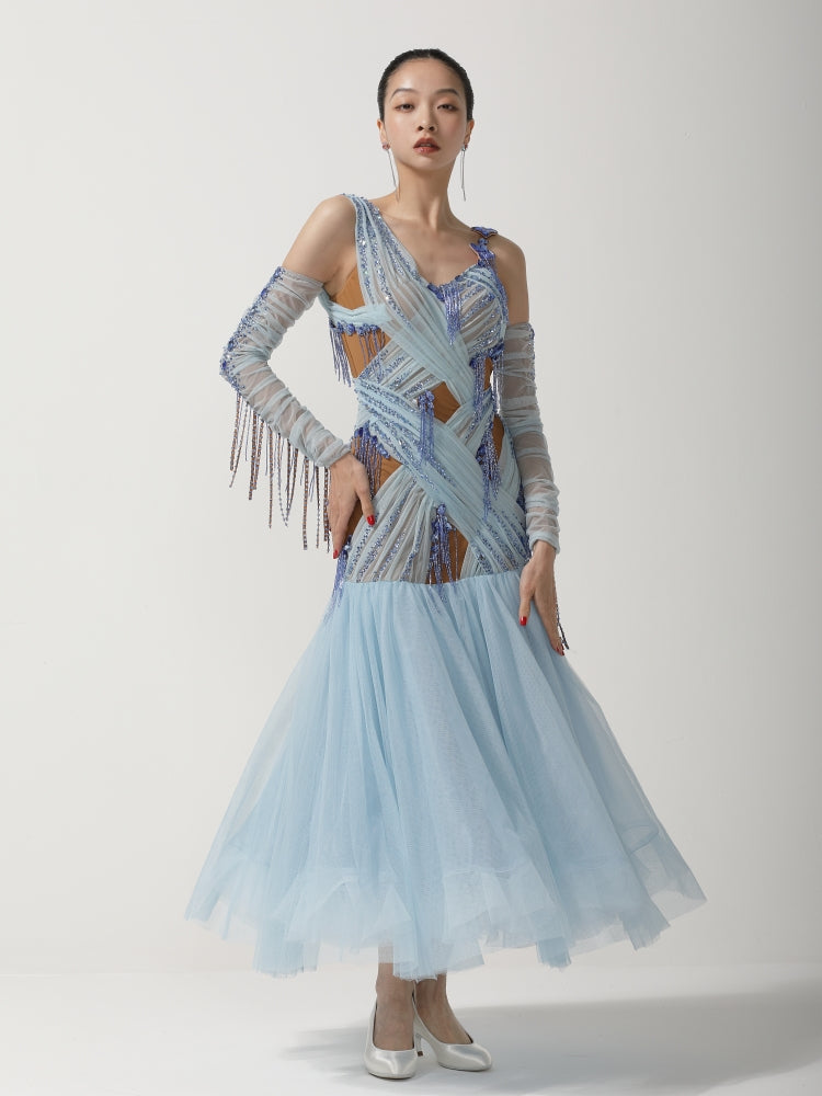 Custom Light Blue Crisscross Rhinestone Tulle Ballroom Competition Gown