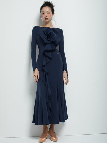 Custom Navy Blue V-Back Ruffle Detail Ballroom Practice Dress