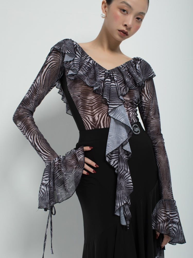 Zebra Print Ruffle Ballroom Bodysuit