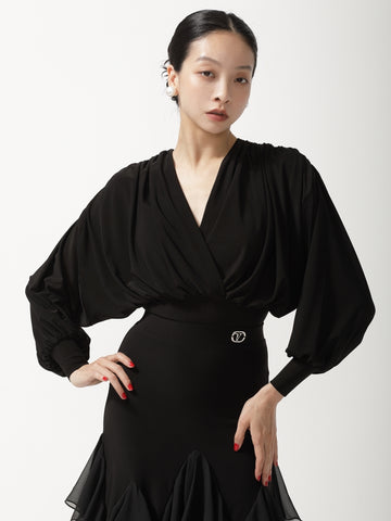 Black Draped Balloon Sleeve Bodysuit