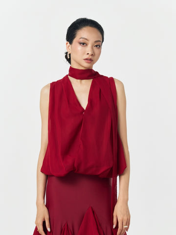 Wine Red Choker Tie Draped Ballroom Dance Top