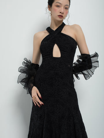 Custom Black Halter Neck Flocked Rose Ballroom Dress
