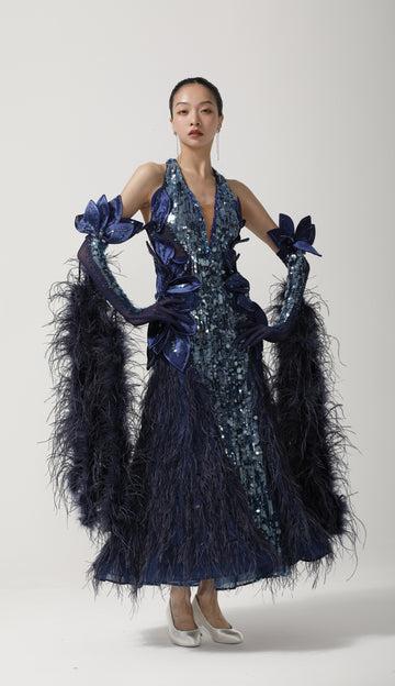 Custom Navy Sequin Feather 3D Floral Ballroom Competition Gown
