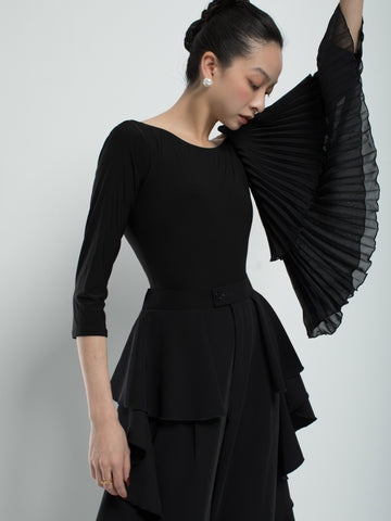 Black Pleated Bell Sleeve Ballroom Bodysuit