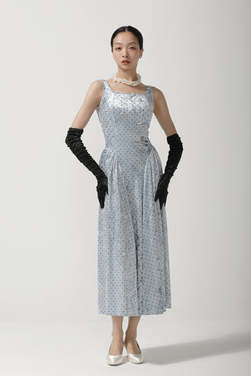 Custom Light Blue Polka Dot Velvet Square Neck Ballroom Dance Dress