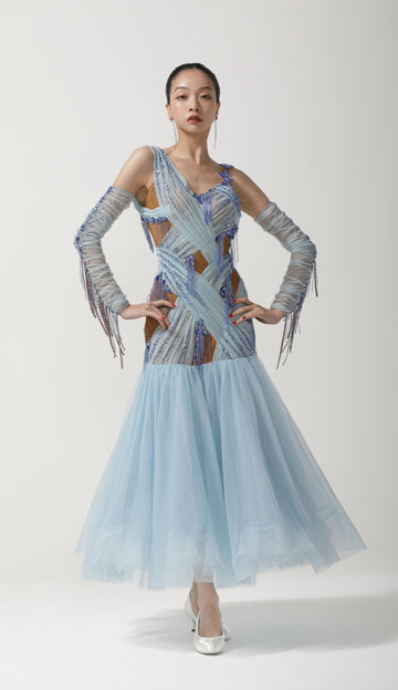 Custom Light Blue Crisscross Rhinestone Tulle Ballroom Competition Gown