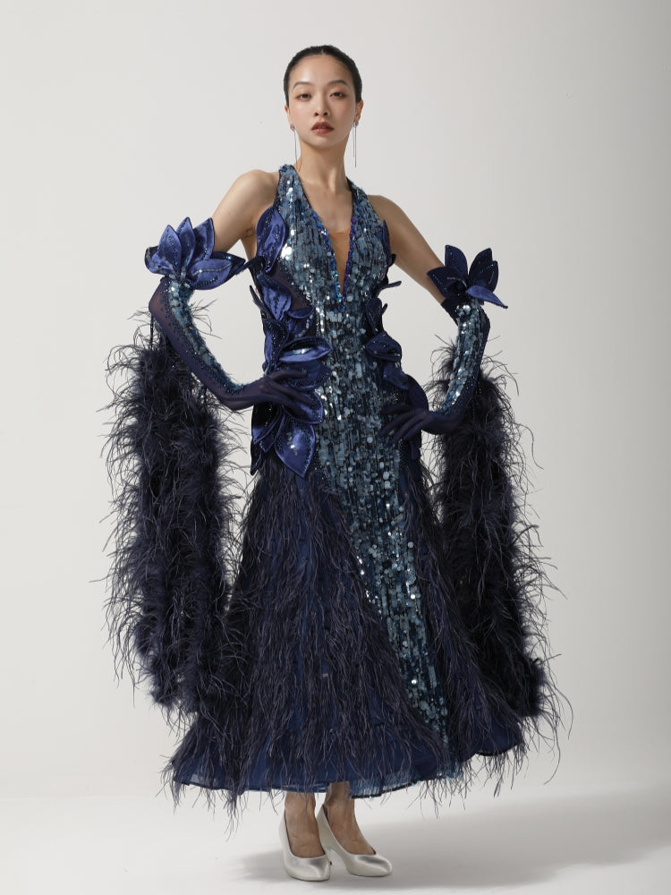 Custom Navy Sequin Feather 3D Floral Ballroom Competition Gown