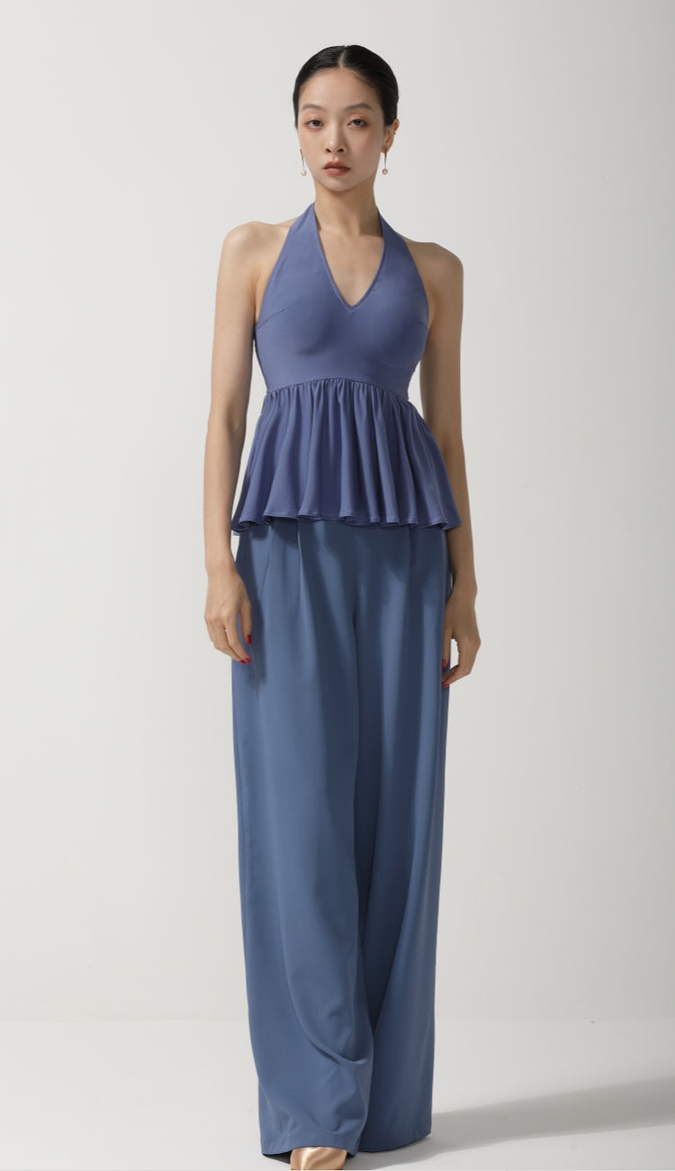 Dusty Blue Halter Neck Peplum Ballroom Bodysuit