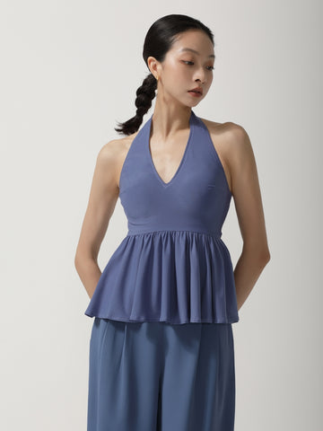 Dusty Blue Halter Neck Peplum Ballroom Bodysuit