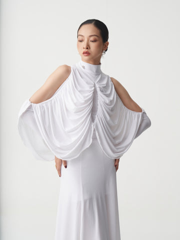 Draped Cold-Shoulder Mock Neck Ballroom Dance Bodysuit