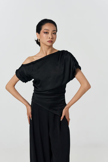 Black Asymmetric Off-Shoulder Satin Ballroom Dance Top