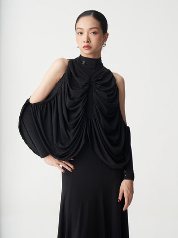Draped Cold-Shoulder Mock Neck Ballroom Dance Bodysuit