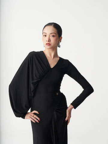 Asymmetrical Ruched Long Sleeve Ballroom Dance Leotard