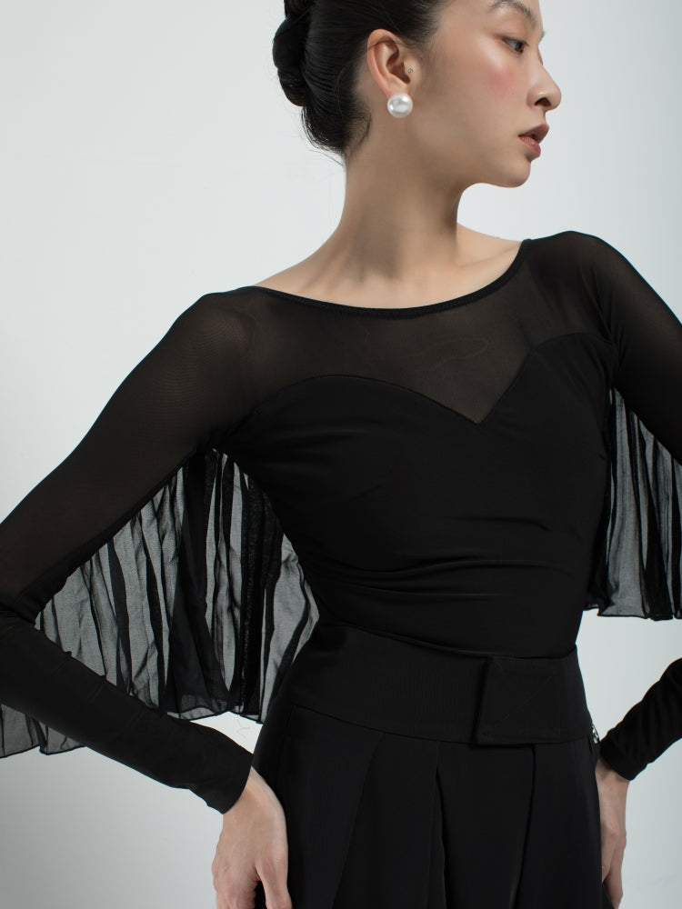 Black Mesh Cape Sleeve Ballroom Bodysuit