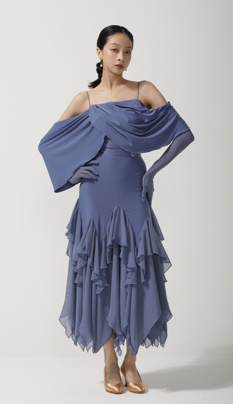 Dusty Blue Tiered Ruffle Ballroom Skirt