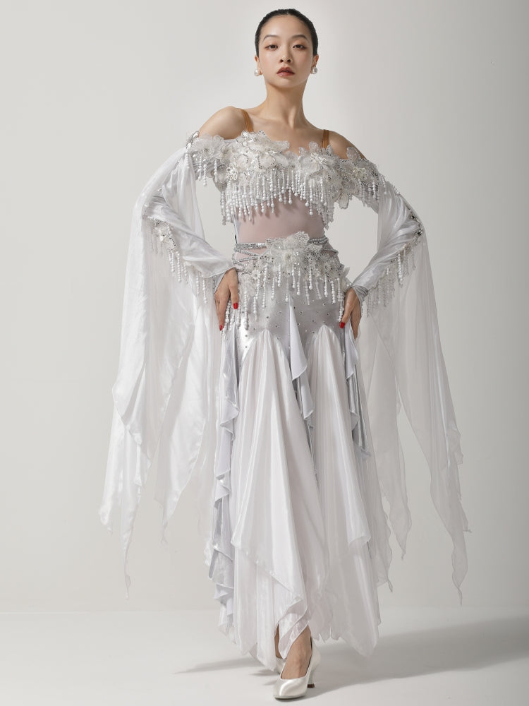 Custom White Off-Shoulder Beaded Fringe Ballroom Competition Gown