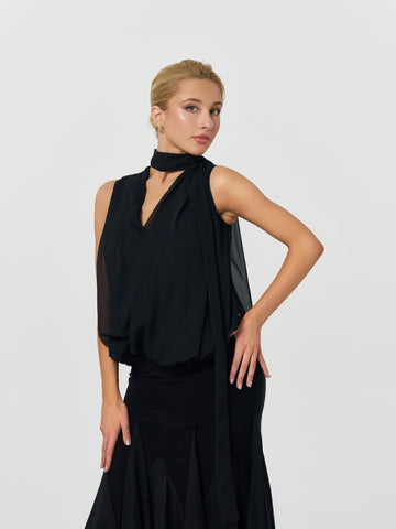 Black Choker Tie Draped Ballroom Dance Top