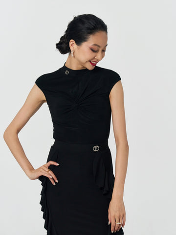 Black Mock Neck Twist Front Ballroom Bodysuit