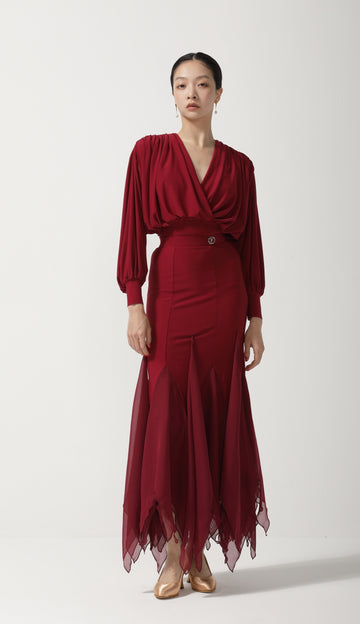 Red Irregular Chiffon Hem Ballroom Skirt