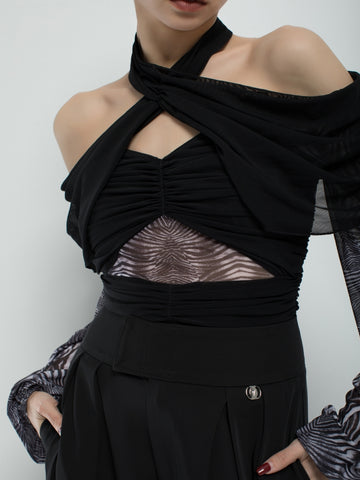 Black Halter Off-Shoulder Ballroom Bodysuit