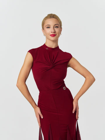Wine Red Mock Neck Twist Front Bodysuit