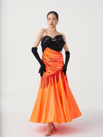 Custom Black Velvet & Orange Rhinestone Fringe Ballroom Competition Dress