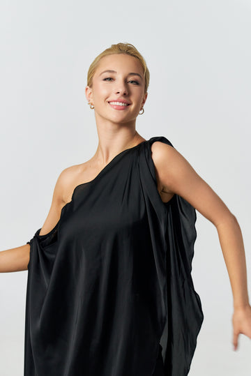 Black Flowy Asymmetric Off-Shoulder Standard Practice Bodysuit