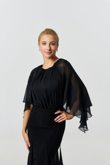 Black Flowy Cape Chiffon Standard Practice Bodysuit
