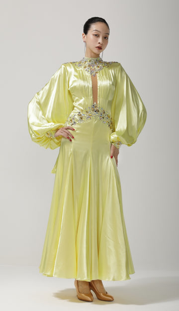Custom Pale Yellow Puffy Sleeve Crystal Ballroom Dance Dress