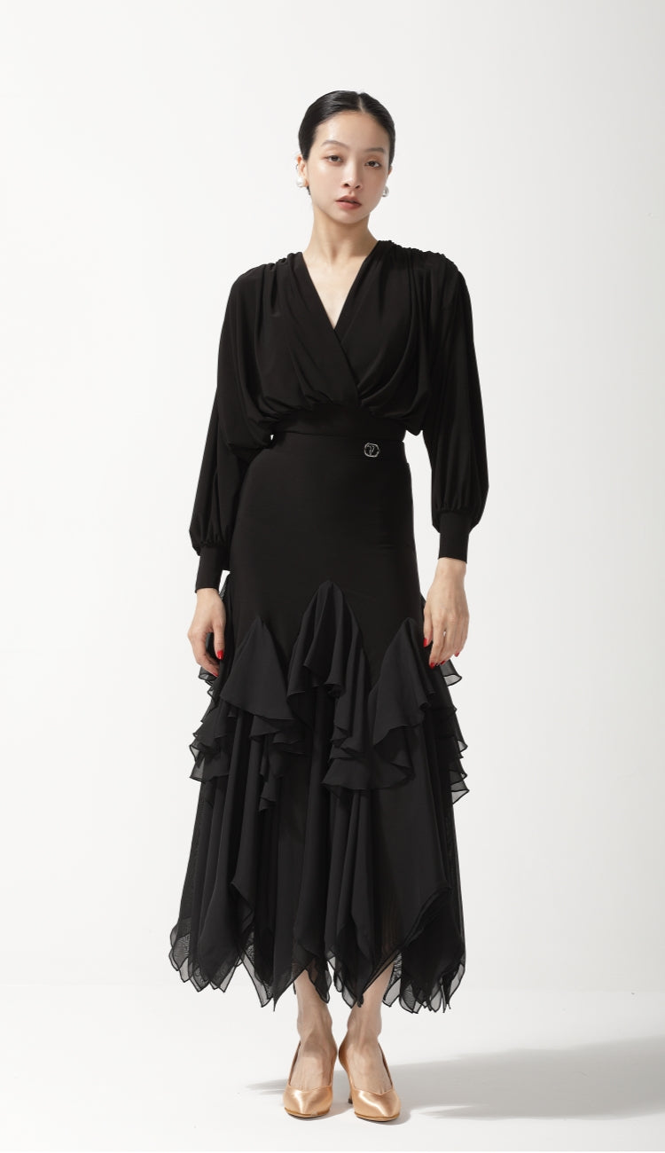 Black Tiered Ruffle Chiffon Ballroom Skirt