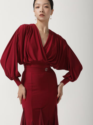 Red Draped Balloon Sleeve Ballroom Bodysuit