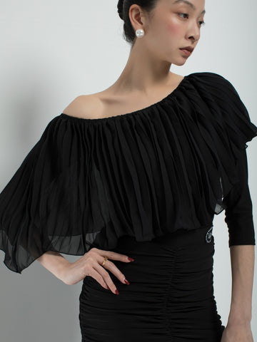 Black Off-Shoulder Pleated Cape Ballroom Bodysuit