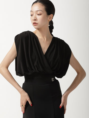 Black Draped Cowl Back Ballroom Bodysuit