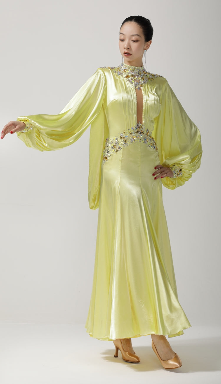 Custom Pale Yellow Puffy Sleeve Crystal Ballroom Dance Dress