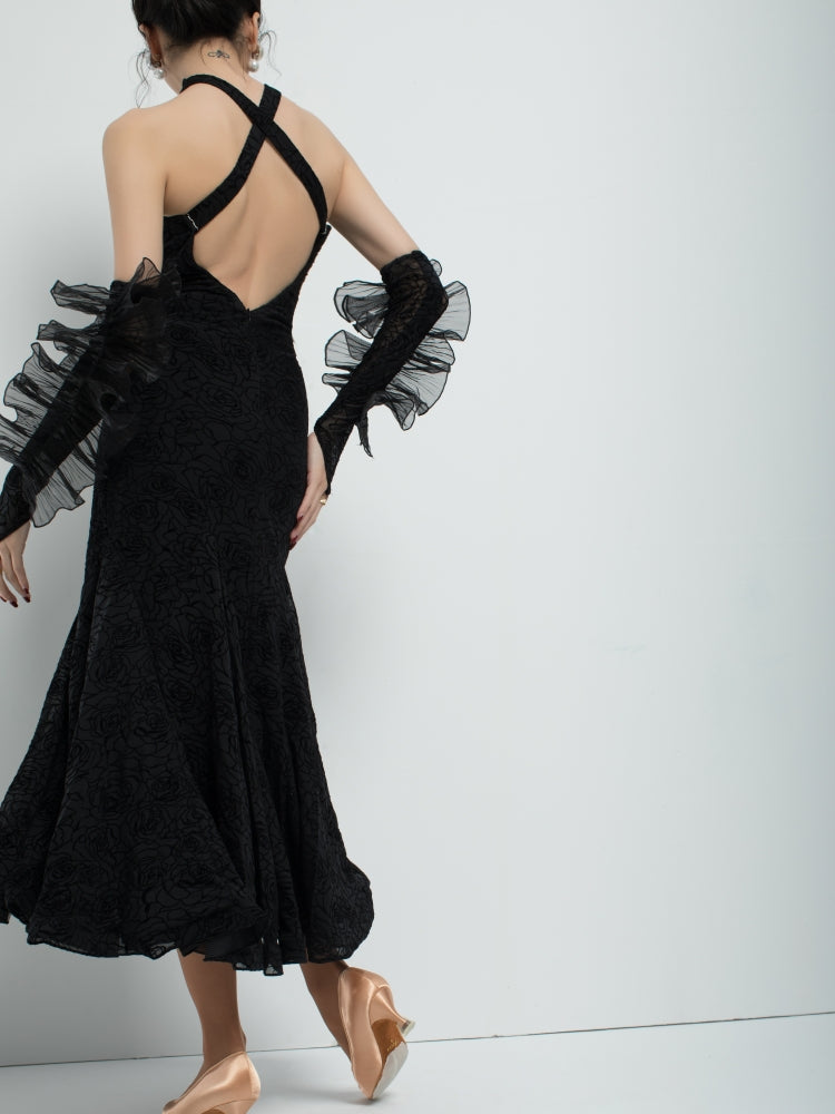 Custom Black Halter Neck Flocked Rose Ballroom Dress
