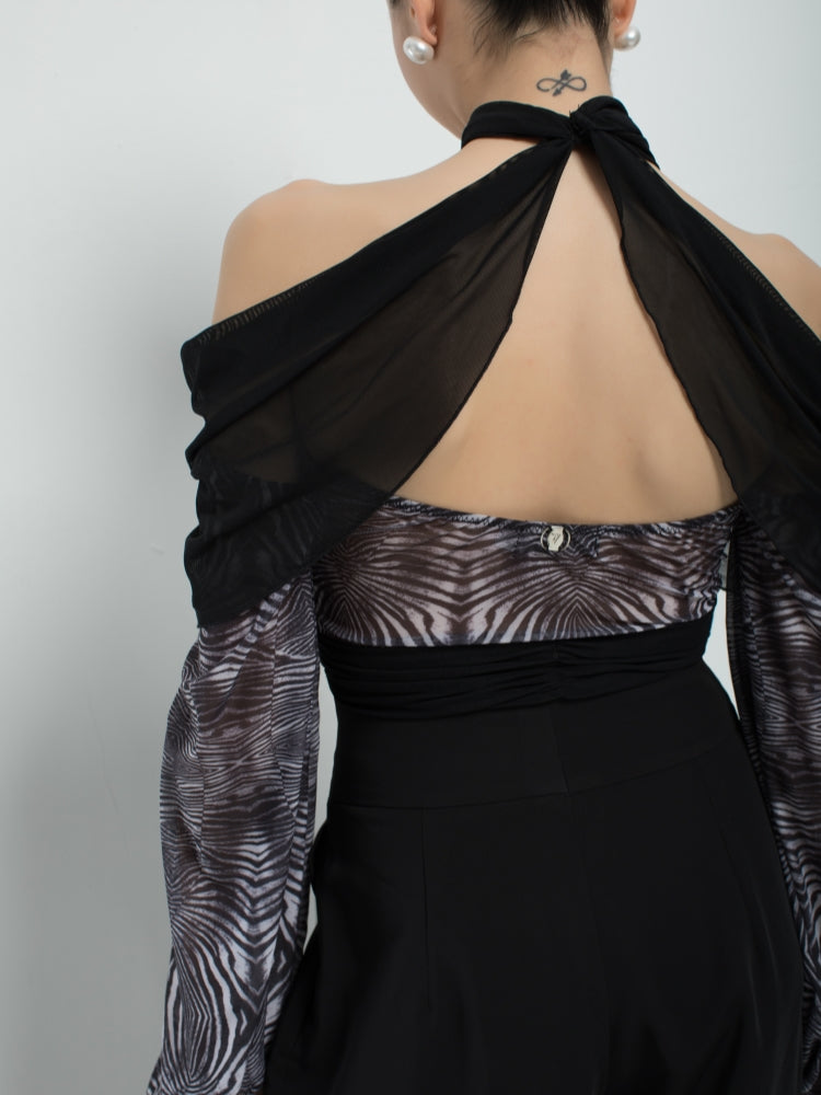 Black Halter Off-Shoulder Ballroom Bodysuit