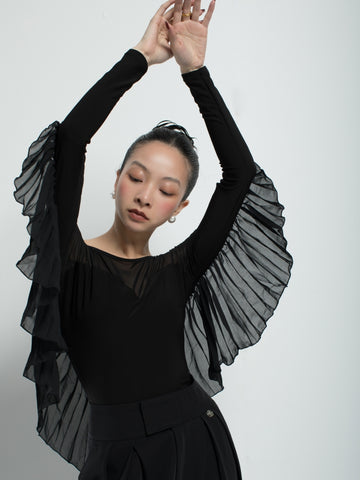 Black Mesh Cape Sleeve Ballroom Bodysuit