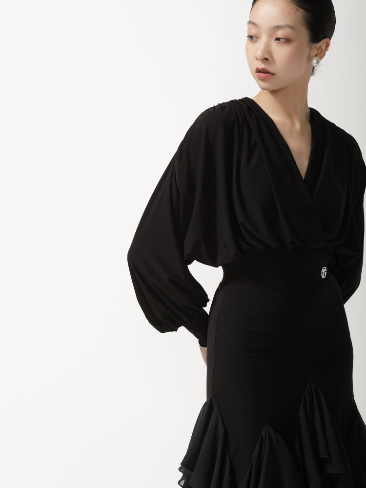 Black Draped Balloon Sleeve Bodysuit