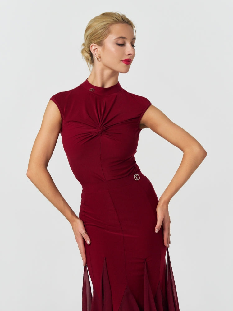 Wine Red Mock Neck Twist Front Bodysuit