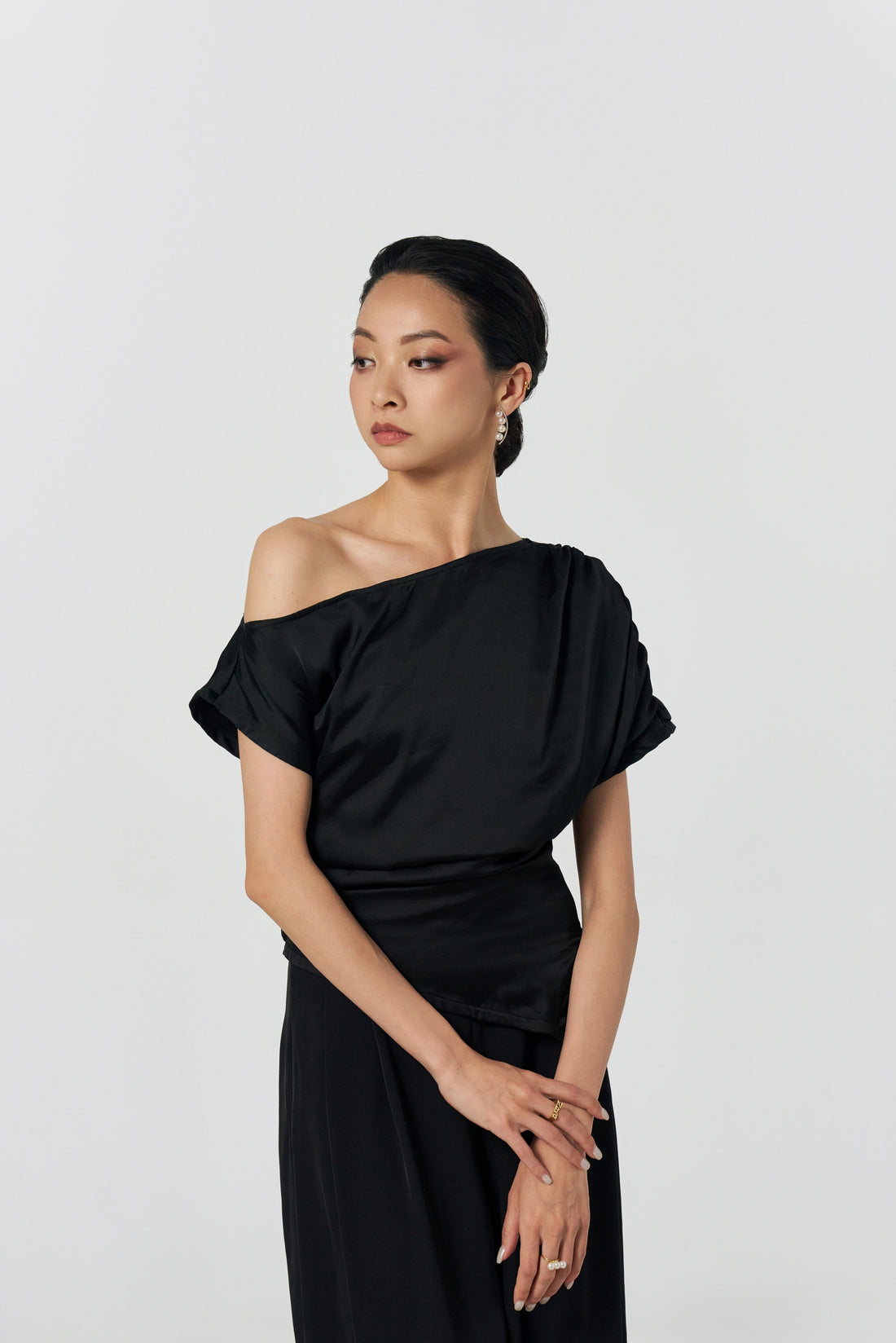 Black Asymmetric Off-Shoulder Satin Ballroom Dance Top