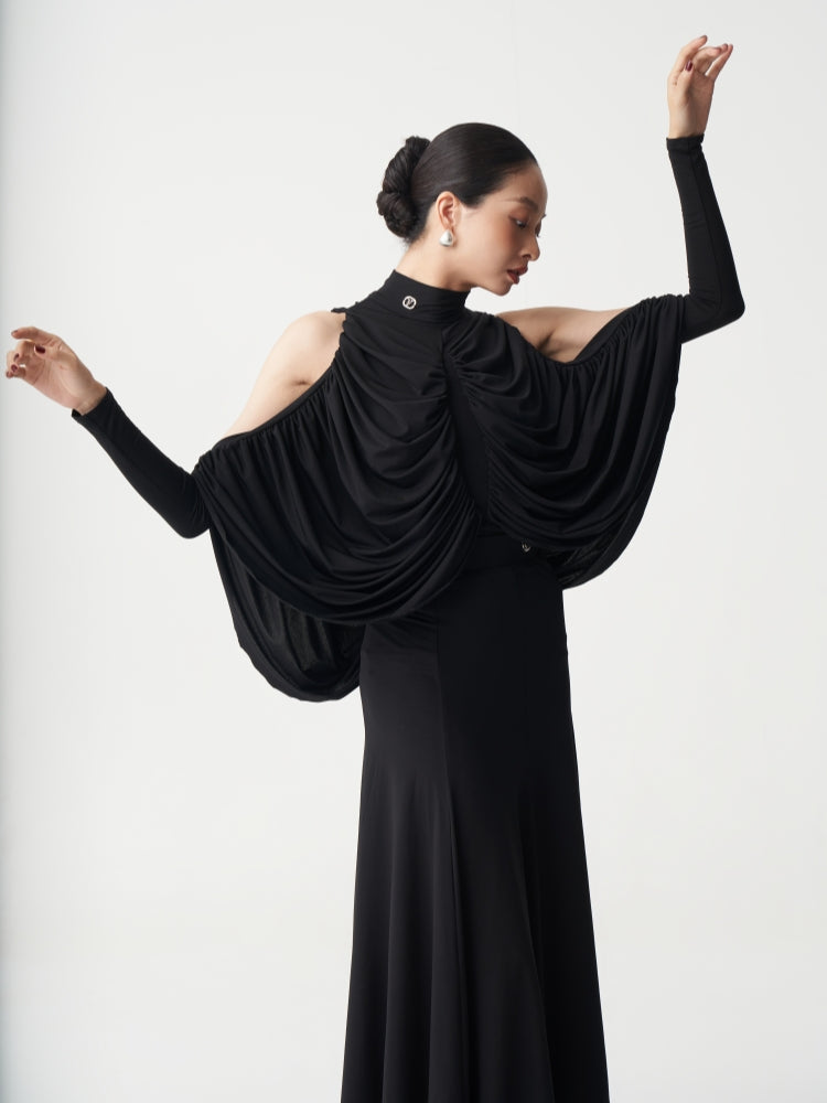Draped Cold-Shoulder Mock Neck Ballroom Dance Bodysuit