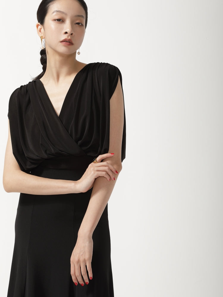 Black Draped Cowl Back Ballroom Bodysuit