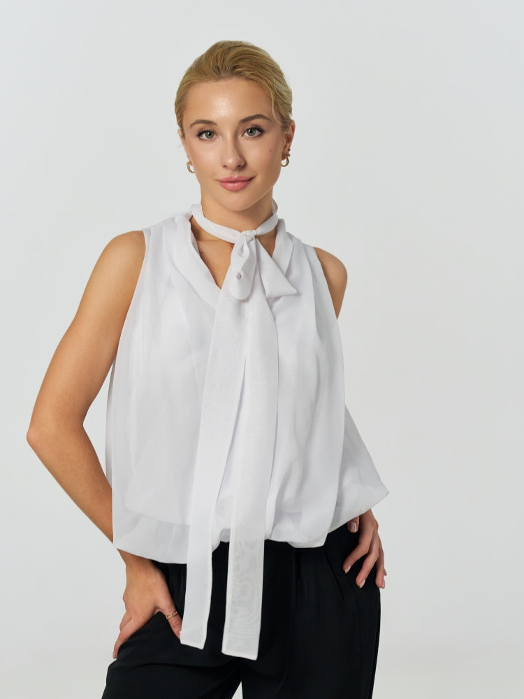 White Bow Tie Neck Chiffon Ballroom Dance Top