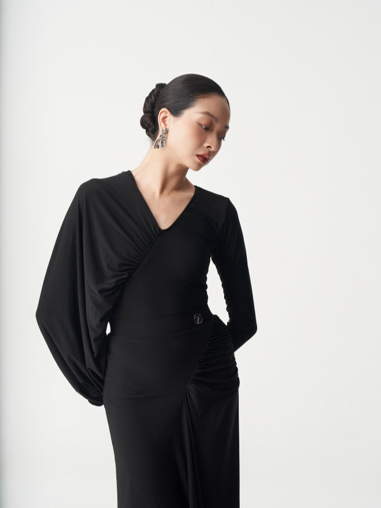 Asymmetrical Ruched Long Sleeve Ballroom Dance Leotard