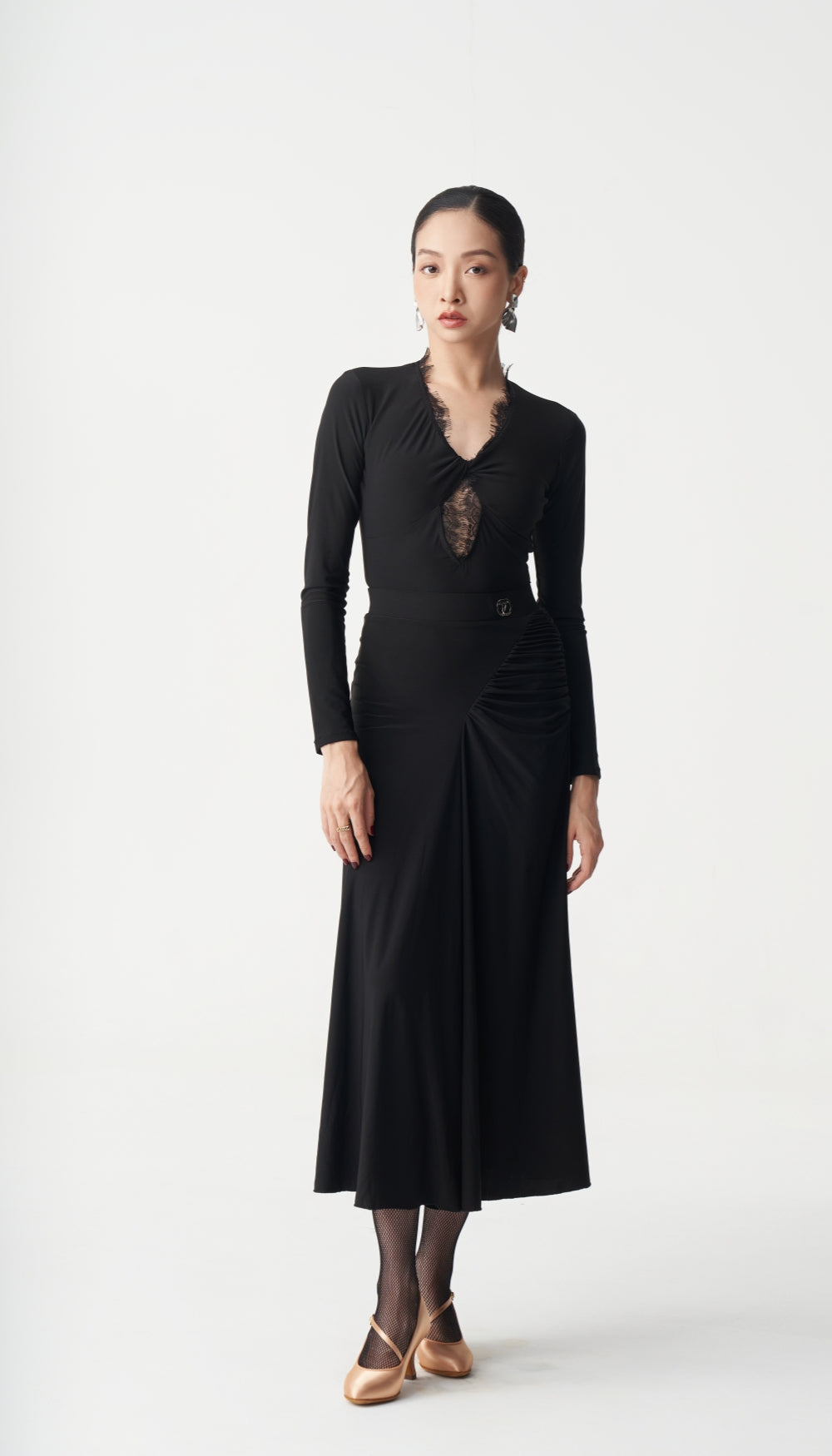 Elegant Ruched Ballroom Dance Midi Skirt