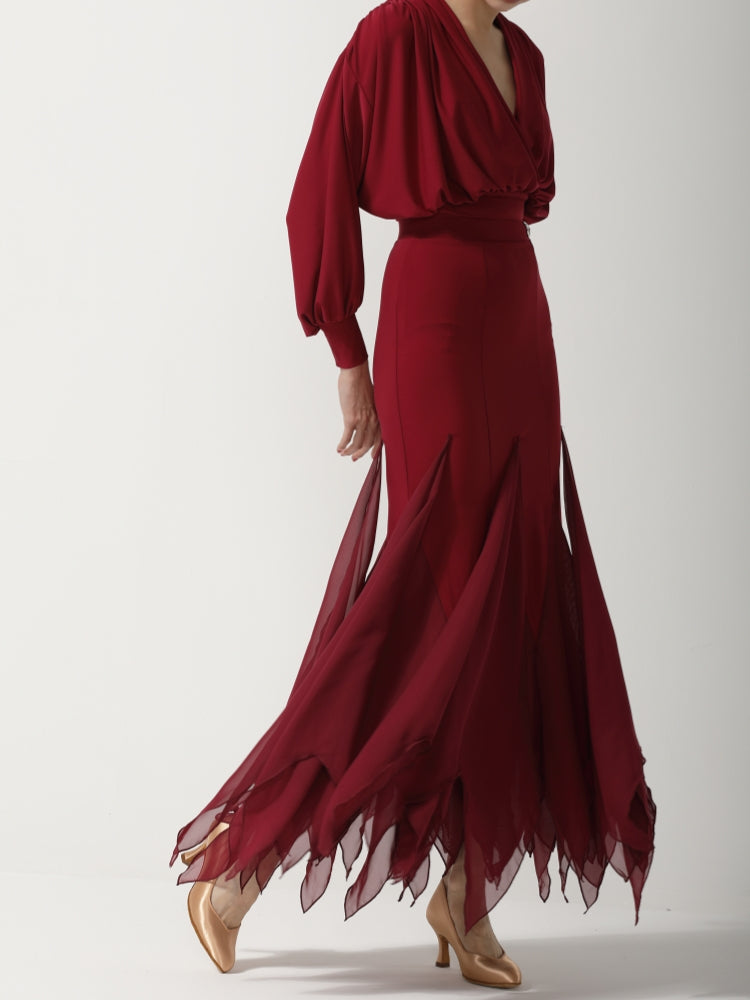Red Irregular Chiffon Hem Ballroom Skirt