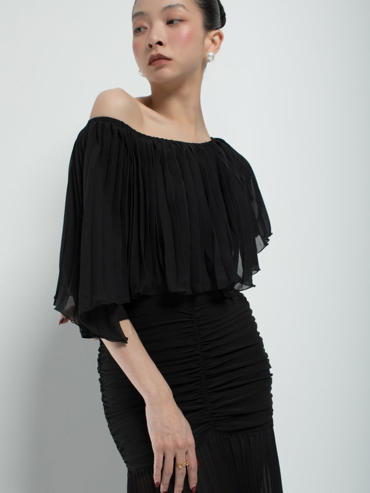 Black Off-Shoulder Pleated Cape Ballroom Bodysuit