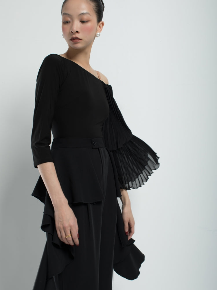 Black Pleated Bell Sleeve Ballroom Bodysuit